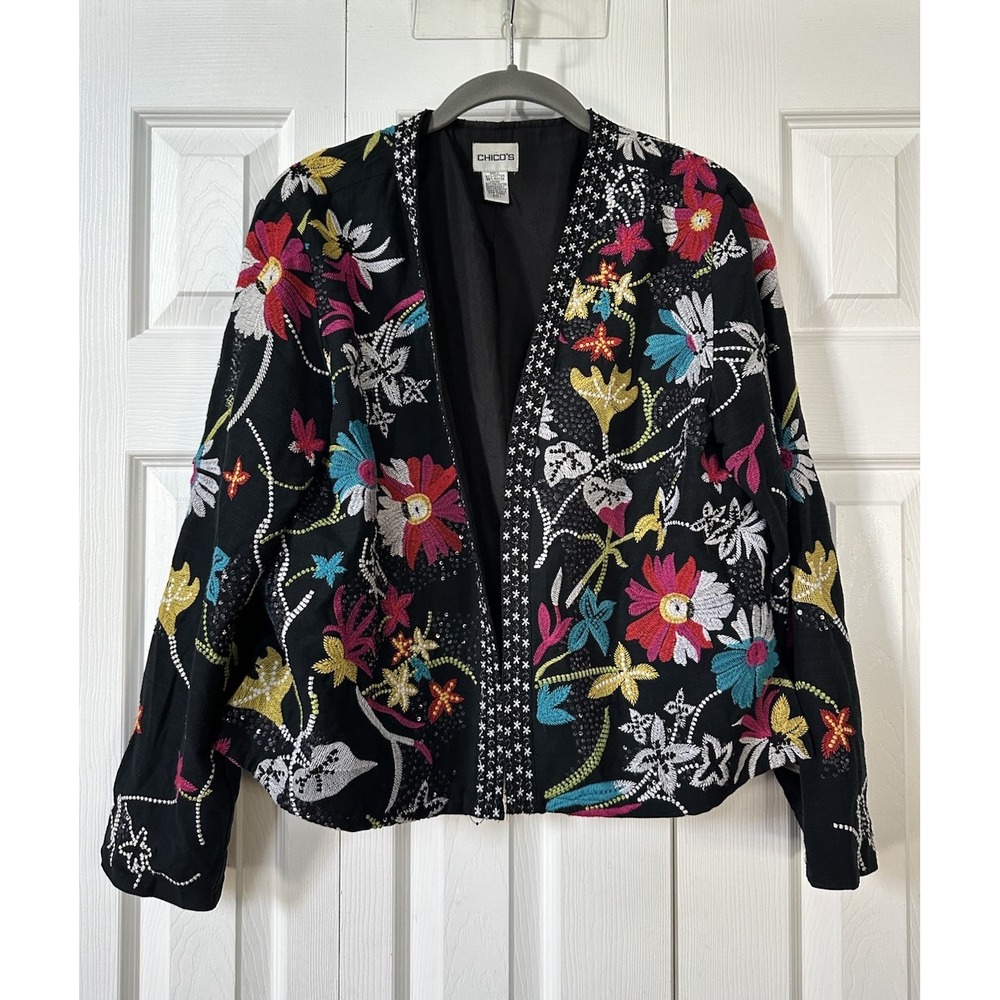 CHICO'S Vtg Embroidered & BeadedOpen Blazer Sz 1 Boho Maximalist Festival